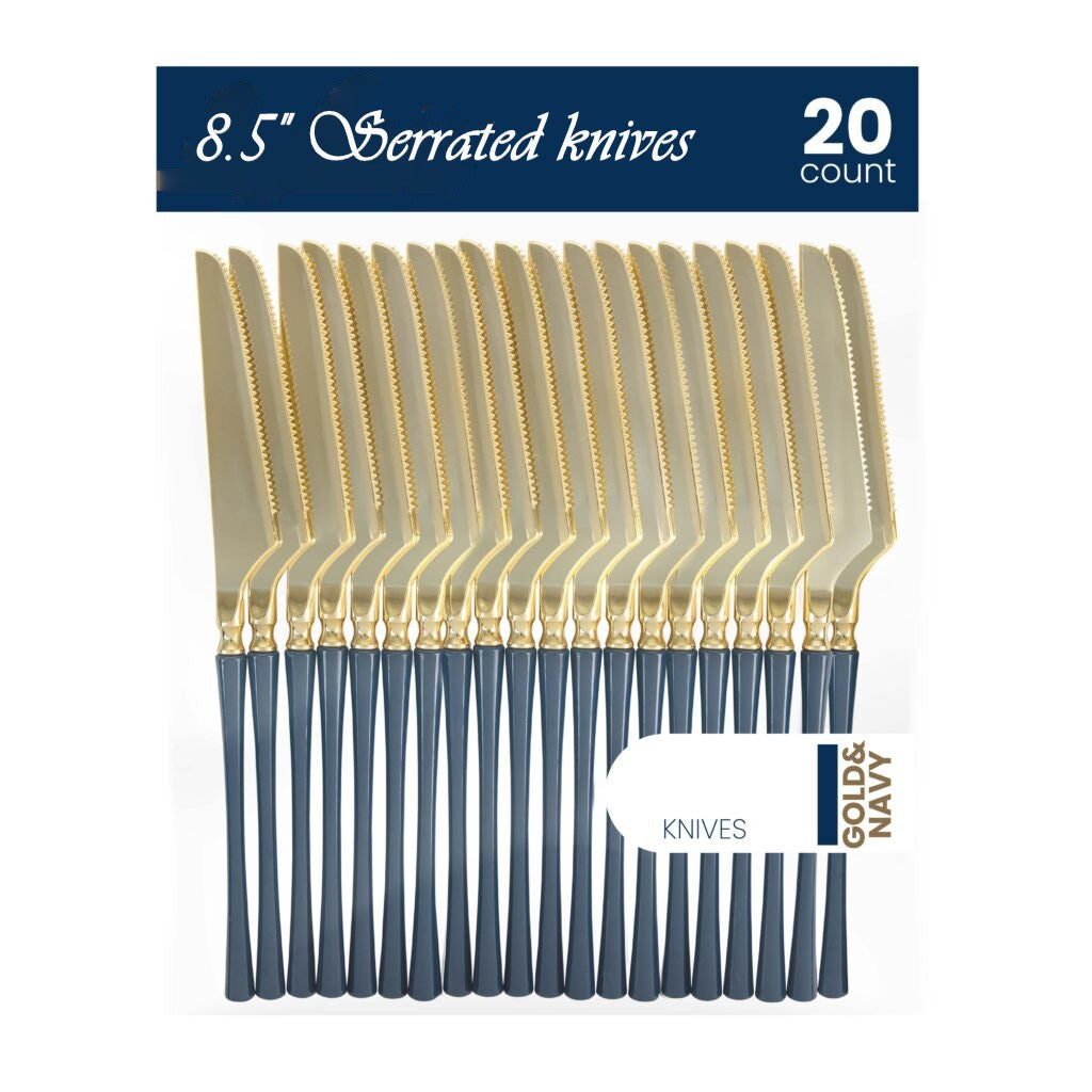 8.5 In. Disposable Serrated Dinner Knives - Gold/ Navy - 20 ct.