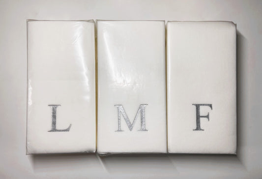 Silver Initial Guest Size Napkins -Foil Print/Textile Like Linen Feel 30 pk