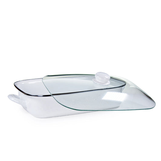 Enamelware Roasting Pan with Glass Lid - 10.5 Quart -White Swirl