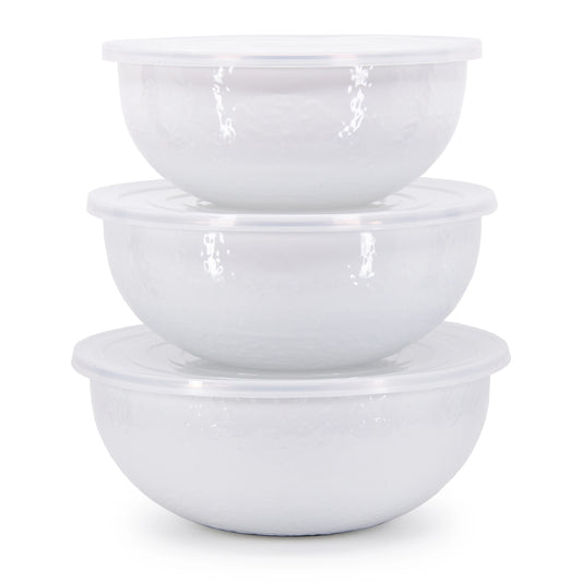 Enamelware 3-Piece Nesting Mixing Bowl Set with Lids -Solid White