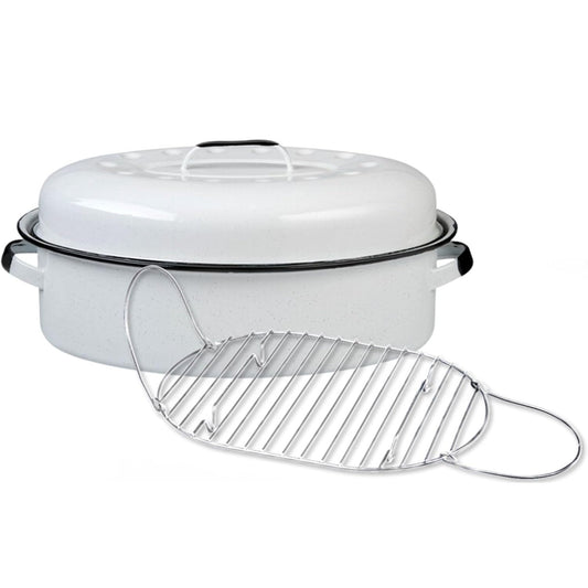 Large 18" inch Enameled White Roaster with Rack -15 lb Capacity