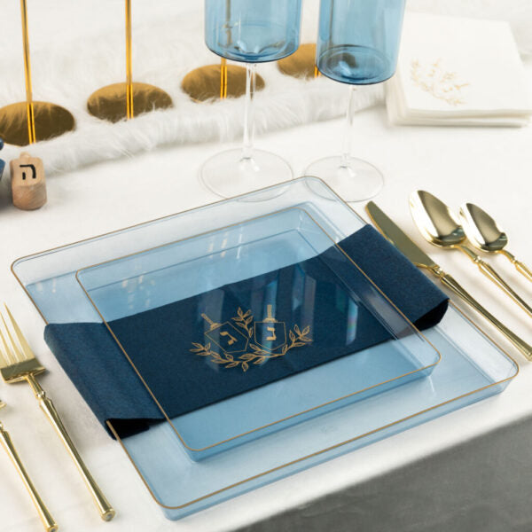 8 In. Hanukah Square Edge Blue/Gold Disposable Salad Plates - 8 ct.