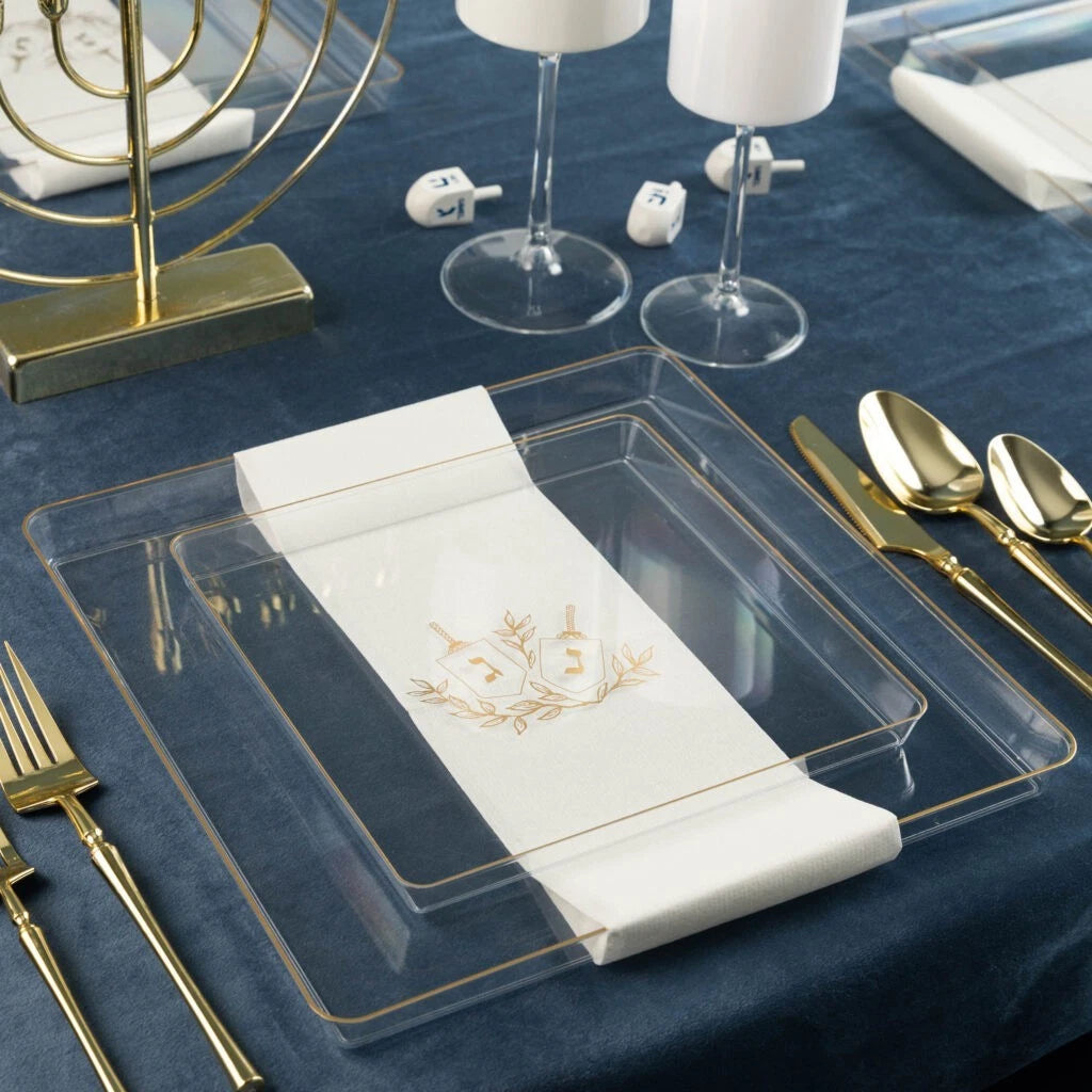 8 In. Hanukah Square Edge Clear/Gold Disposable Salad Plates - 8 ct.