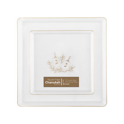 8 In. Hanukah Square Edge Clear/Gold Disposable Salad Plates - 8 ct.