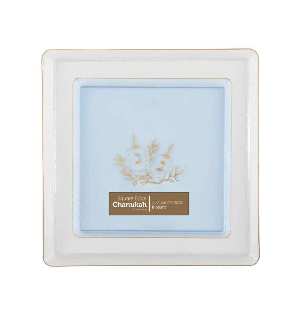 8 In. Hanukah Square Edge Blue/Gold Disposable Salad Plates - 8 ct.