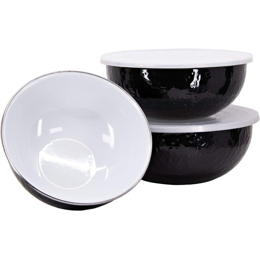 Enamelware 3-Piece Nesting Mixing Bowl Set with Lids -Solid Black