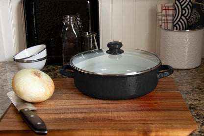 Enamelware Sauté Pan/ Casserole with Glass Lid - 3 Quart -Black Textured