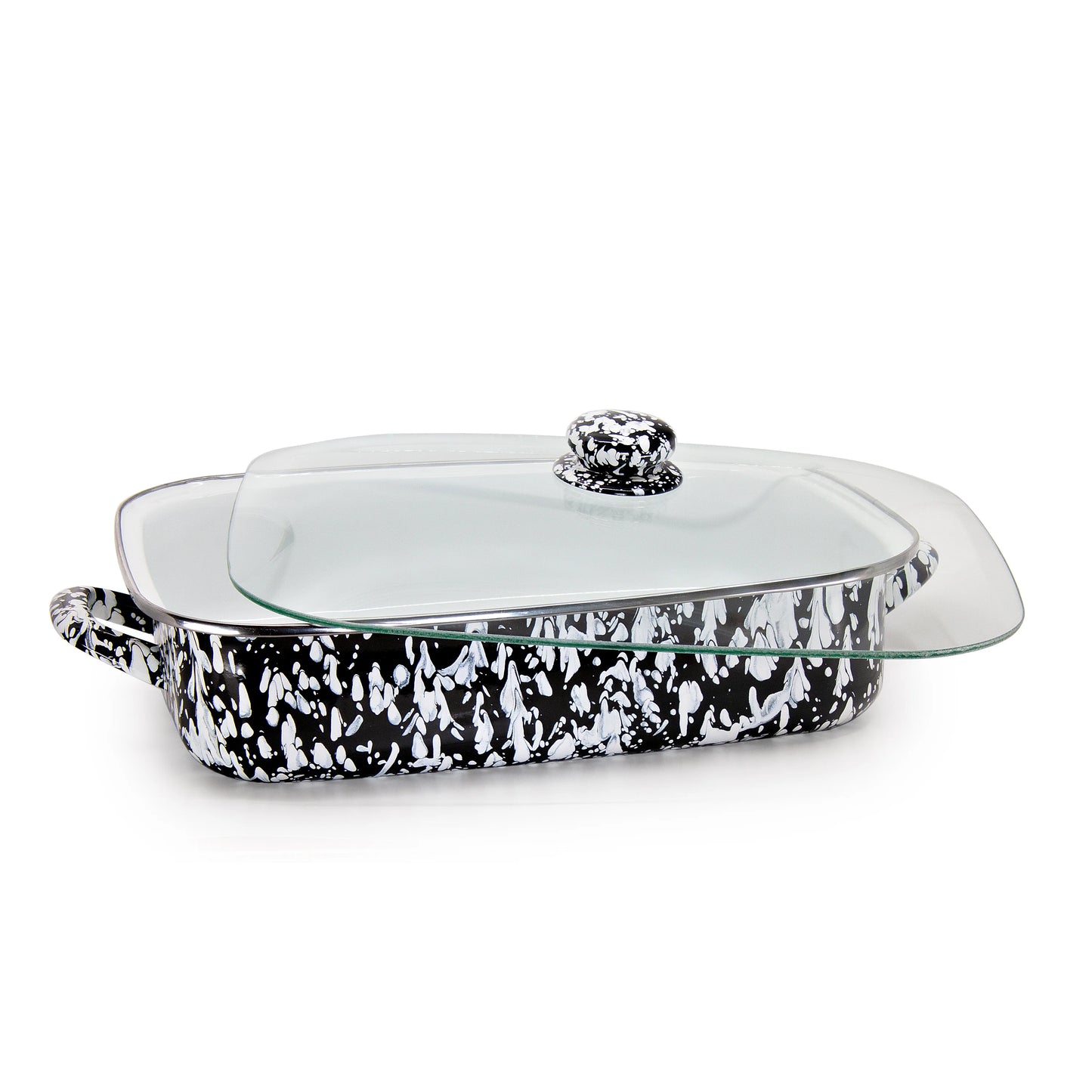 Enamelware Roasting Pan with Glass Lid - 10.5 Quart -Black Swirl