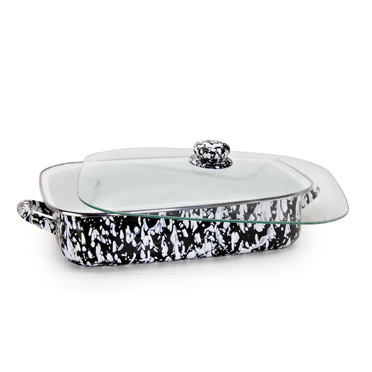 Enamelware Roasting Pan with Glass Lid - 10.5 Quart -Black Swirl
