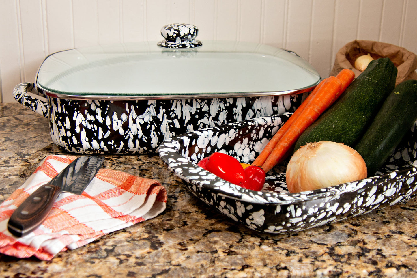 Enamelware Rectangular Baking Pan/ Roasting Dish 12" x 9"- Black Swirl