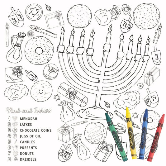 Color Me Hanukah Square Disposable Chargers with Crayons- 24 Pack