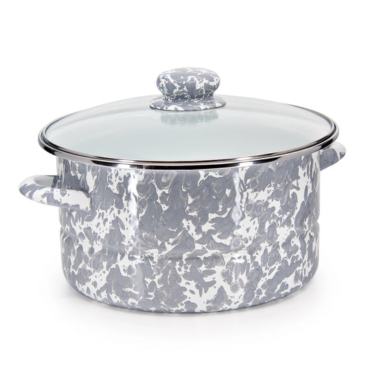 Enamelware 6 Quart Stock Pot with Glass Lid - Grey Swirl