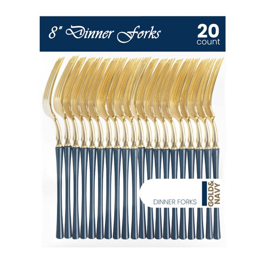 8 In. Disposable Serrated Dinner Forks - Gold/ Navy - 20 ct.