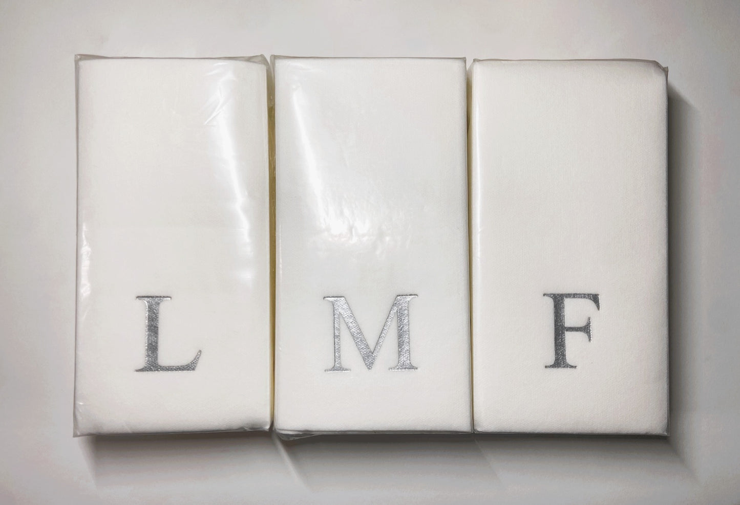 Silver Initial Guest Size Napkins -Foil Print/Textile Like Linen Feel 30 pk