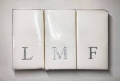 Silver Initial Guest Size Napkins -Foil Print/Textile Like Linen Feel 30 pk