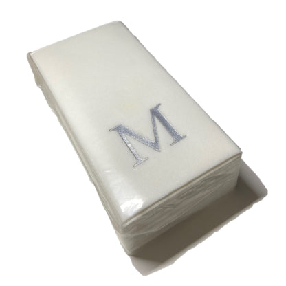 Silver Initial Guest Size Napkins -Foil Print/Textile Like Linen Feel 30 pk