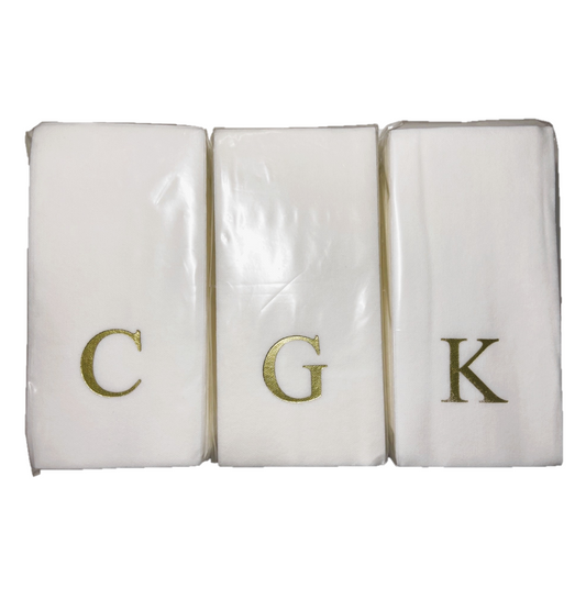 Gold Initial Guest Size Napkin -Foil Print/Textile Like Linen Feel 30 pk