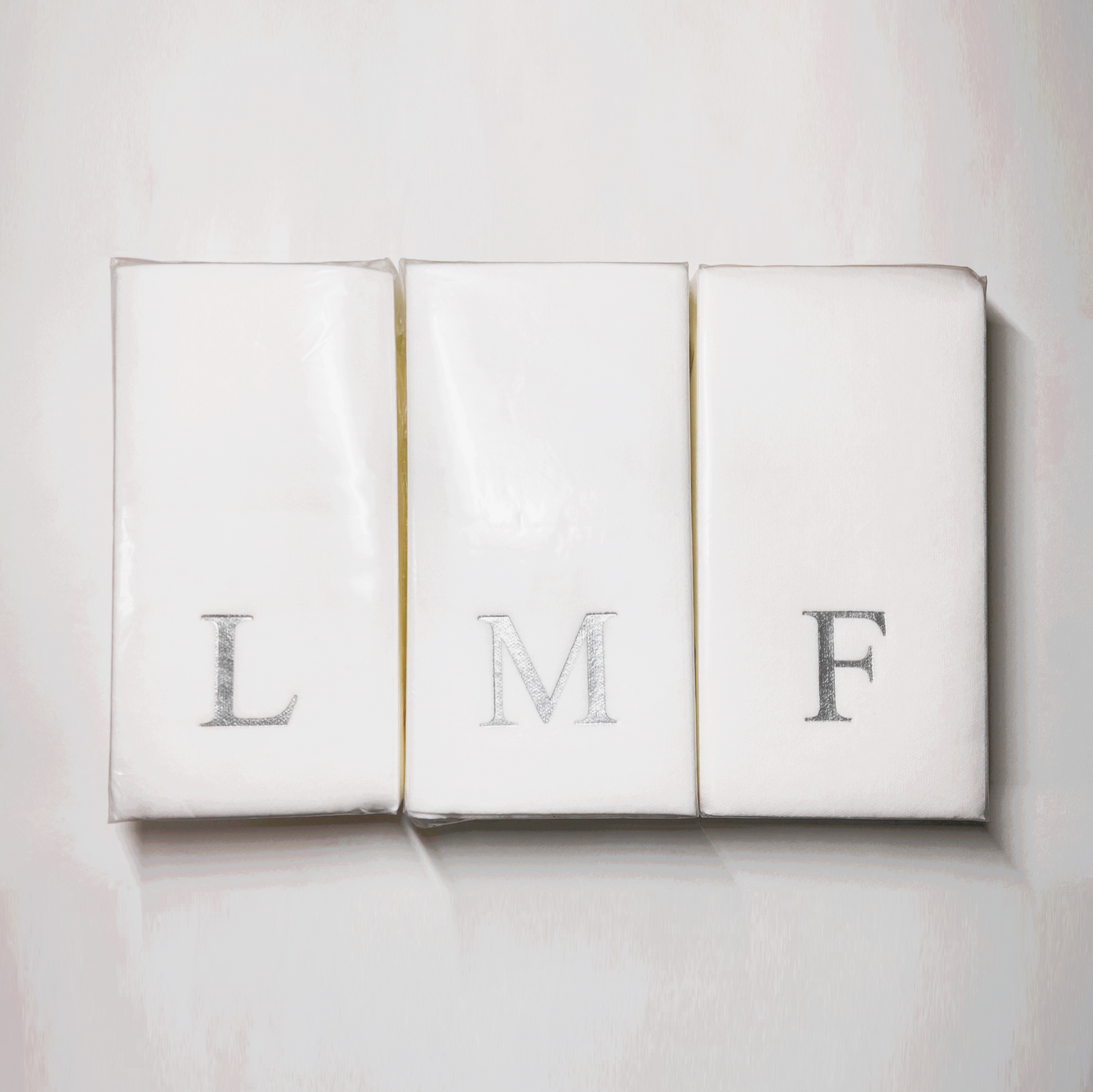 Silver Initial Guest Size Napkins -Foil Print/Textile Like Linen Feel 30 pk