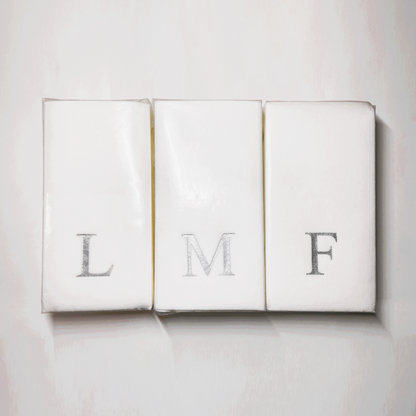 Silver Initial Guest Size Napkins -Foil Print/Textile Like Linen Feel 30 pk