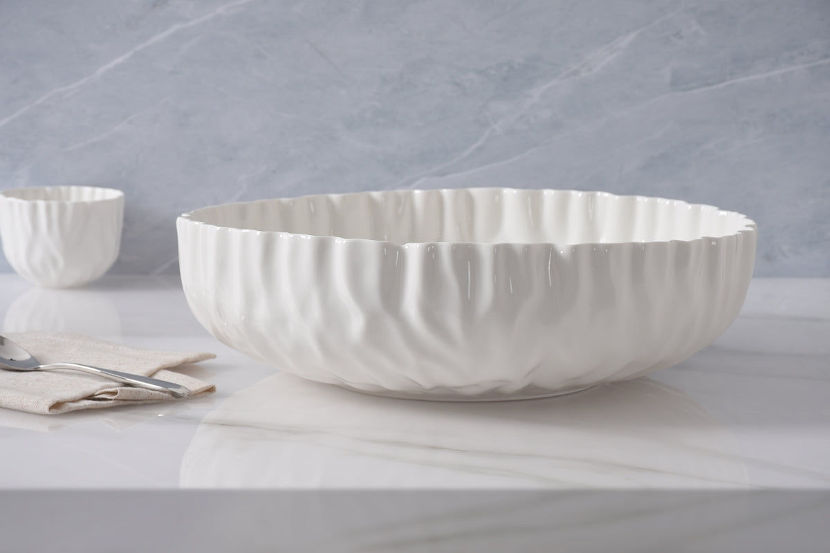 White Crinkle Style Extra Large Shallow Bowl - Oven Safe
