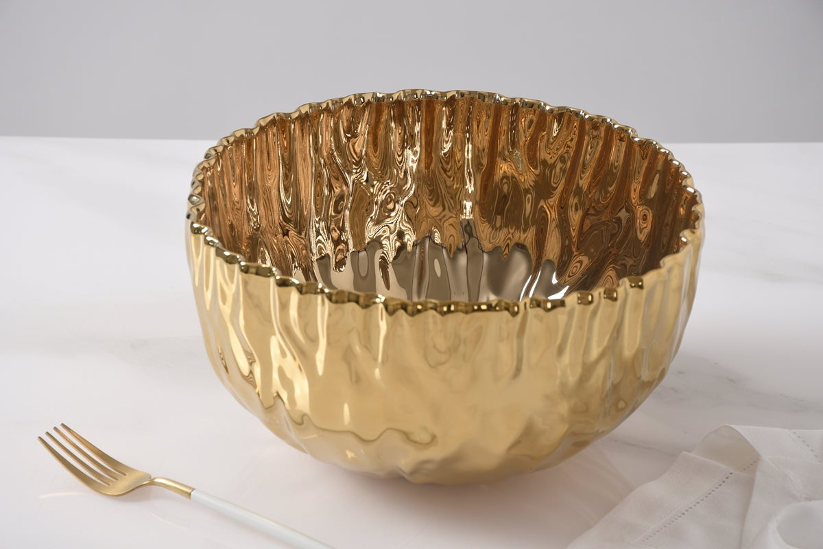 Gold Crinkle Style Large Deep Serving Bowl - Oven Safe