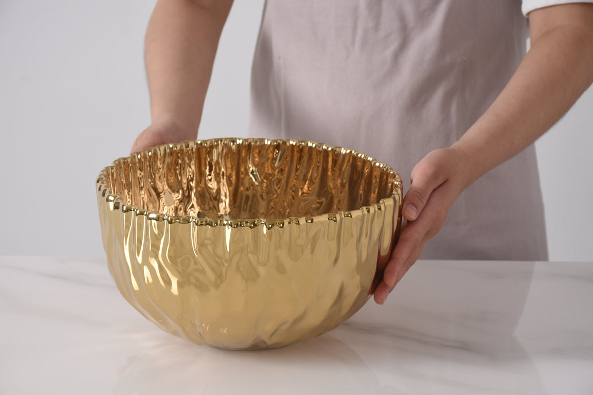 Gold Crinkle Style Large Deep Serving Bowl - Oven Safe