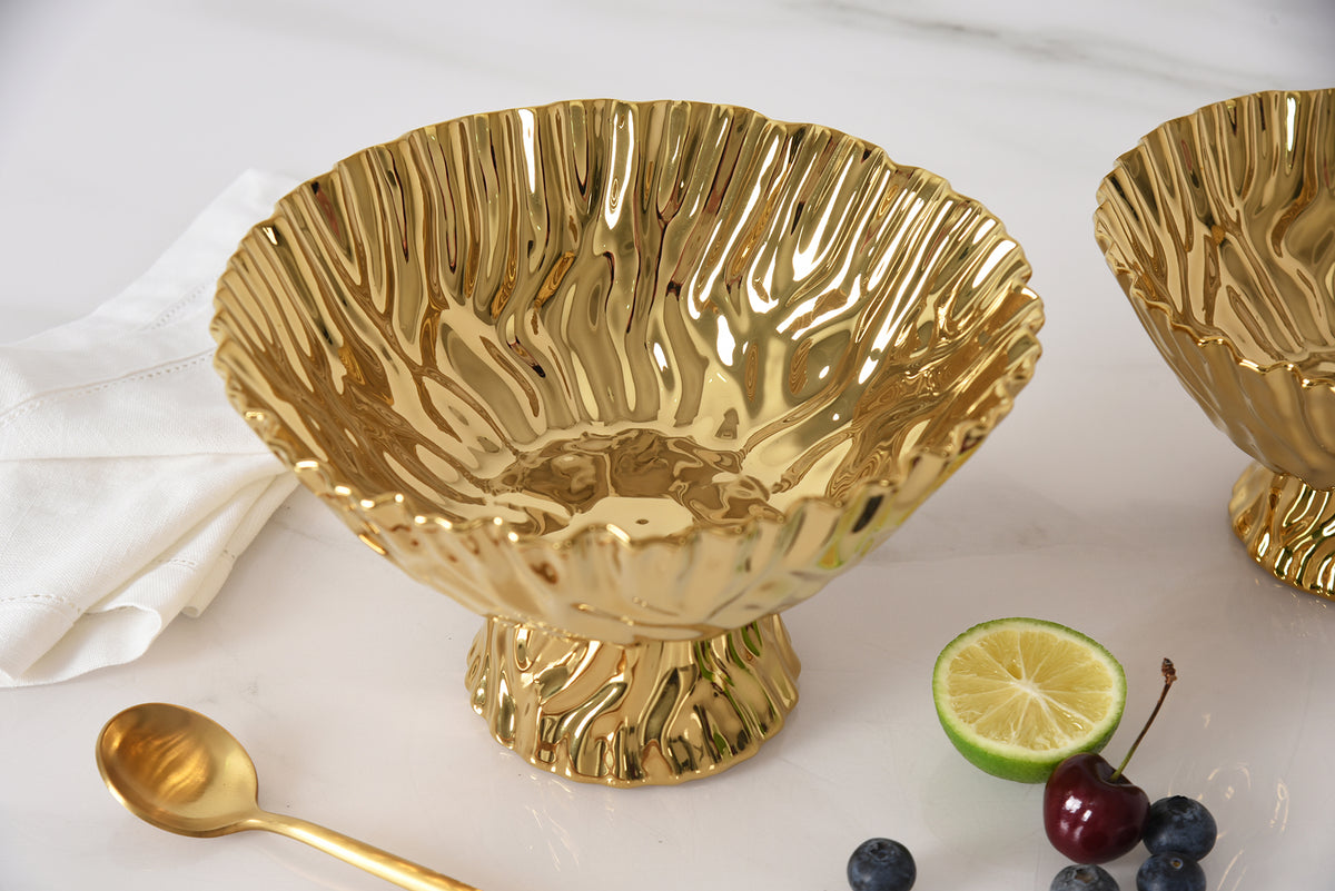 Gold Crinkle Style Medium Footed Serving Bowl - Oven Safe