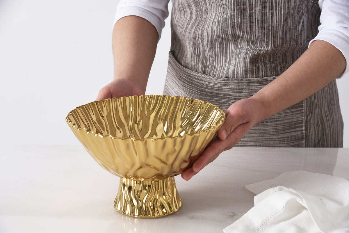 Gold Crinkle Style Medium Footed Serving Bowl - Oven Safe