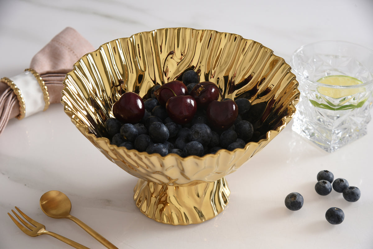 Gold Crinkle Style Medium Footed Serving Bowl - Oven Safe