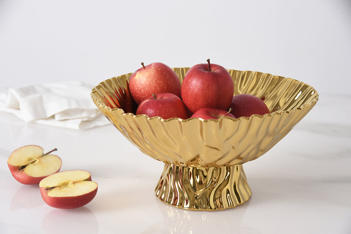 Gold Crinkle Style Large Footed Serving Bowl - Oven Safe