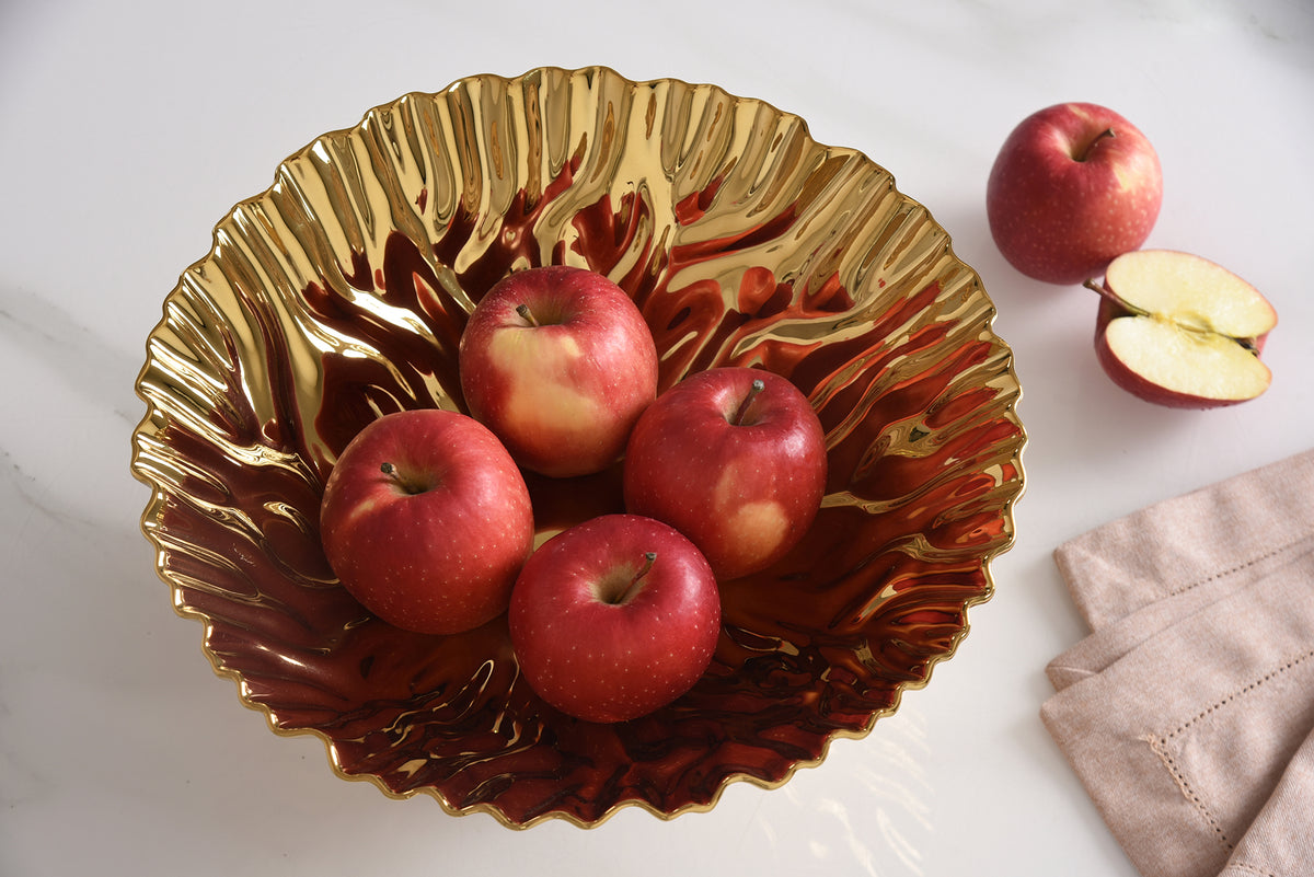 Gold Crinkle Style Large Footed Serving Bowl - Oven Safe
