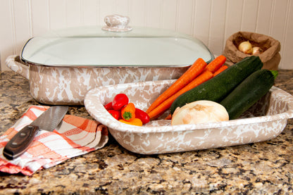 Enamelware Roasting Pan with Glass Lid - 10.5 Quart -Taupe Swirl