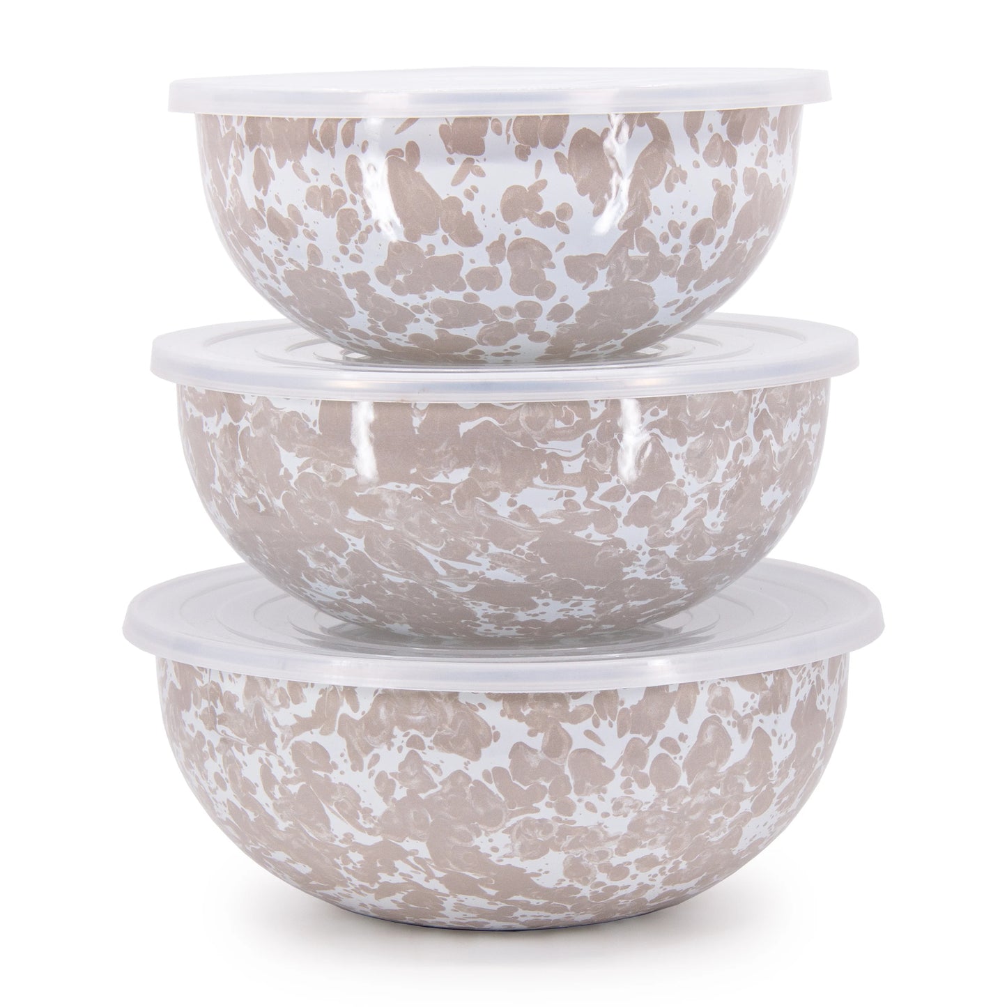 Enamelware 3-Piece Nesting Mixing Bowl Set with Lids -Taupe Swirl