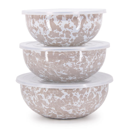 Enamelware 3-Piece Nesting Mixing Bowl Set with Lids -Taupe Swirl