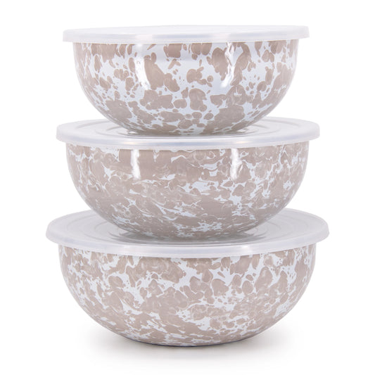 Enamelware 3-Piece Nesting Mixing Bowl Set with Lids -Taupe Swirl
