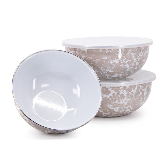 Enamelware 3-Piece Nesting Mixing Bowl Set with Lids -Taupe Swirl