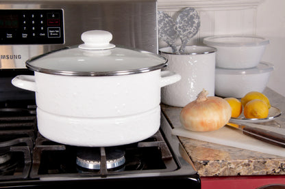 Enamelware 6 Quart Stock Pot with Glass Lid - White Textured