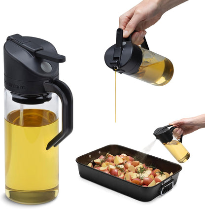 No Clog Olive Oil Pourer & Dosing Sprayer Mister Aerosol Free Glass 12 oz -Black