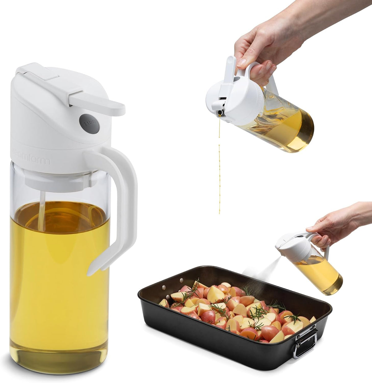 No Clog Olive Oil Pourer & Dosing Sprayer Mister Aerosol Free Glass 12 oz -White