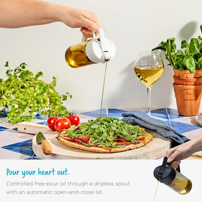 No Clog Olive Oil Pourer & Dosing Sprayer Mister Aerosol Free Glass 12 oz -White