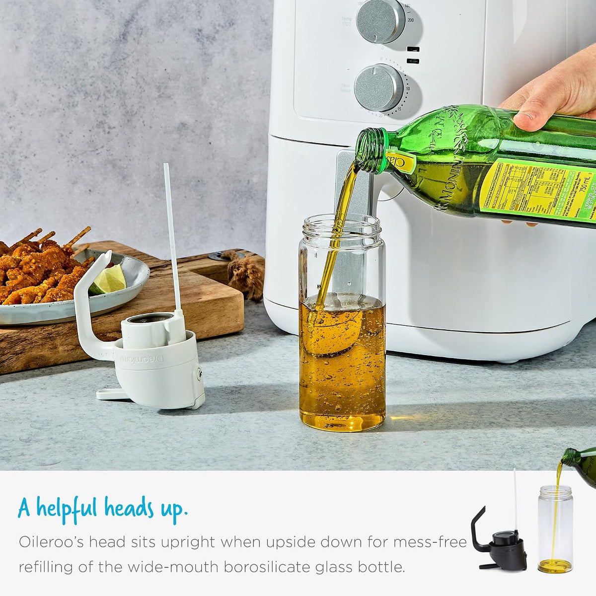 No Clog Olive Oil Pourer & Dosing Sprayer Mister Aerosol Free Glass 12 oz -White