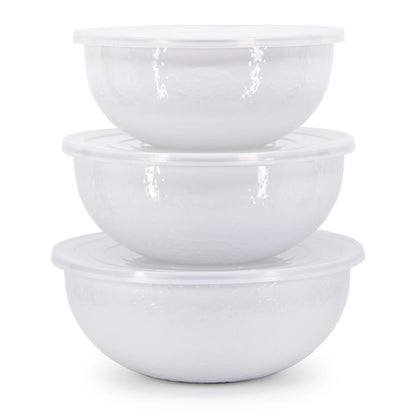 Enamelware 3-Piece Nesting Mixing Bowl Set with Lids -Solid White