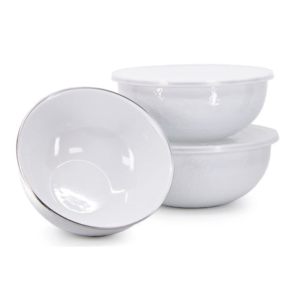 Enamelware 3-Piece Nesting Mixing Bowl Set with Lids -Solid White