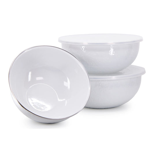 Enamelware 3-Piece Nesting Mixing Bowl Set with Lids -Solid White